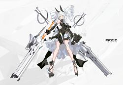 Rule 34 | 1girl, cancell, dual wielding, fang, green eyes, highres, holding, holding sword, holding weapon, looking at viewer, open mouth, original, solo, sword, twintails, weapon, white hair