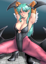 Rule 34 | 1girl, animal print, aqua background, armpits, arms behind head, bat print, blue hair, blush, boots, breasts, capcom, cleavage, covered navel, elbow gloves, gloves, gradient background, green eyes, green hair, high heel boots, high heels, highres, large breasts, long hair, looking at viewer, low wings, matching hair/eyes, morrigan aensland, pantyhose, parted bangs, parted lips, print pantyhose, purple pantyhose, qkat (arikawa-dou), solo, spread legs, squatting, thighs, vampire (game), wide hips, wings