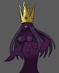 Rule 34 | 1girl, breasts, cleavage, colored skin, contrapposto, crown, hand on own hip, large areolae, large breasts, lips, long hair, mario (series), nintendo, nipples, no eyes, nude, paper mario, paper mario: the thousand year door, puffy nipples, purple skin, shadow queen, solo, standing, stompertron, super mario rpg