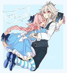 Rule 34 | !, !!, 2boys, ahoge, alternate costume, apron, astolfo (fate), back bow, belt buckle, black bow, blue dress, blue footwear, blue nails, blue pants, blue thighhighs, blue vest, blush, bow, braid, buckle, closed eyes, command spell, crossed bangs, dress, dress shirt, fang, fate/apocrypha, fate/grand order, fate (series), frilled dress, frilled thighhighs, frills, full body, grey hair, hair between eyes, hair bow, hair intakes, haoro, happy, hug, light blush, long braid, long hair, maid, maid apron, male focus, mary janes, multicolored hair, multiple boys, open mouth, pants, parted lips, pink hair, red eyes, shirt, shoes, sieg (fate), signature, single braid, skin fang, smile, streaked hair, striped clothes, striped thighhighs, tag, thighhighs, trap, two-tone hair, vest, white apron, white bow, white hair, white shirt, white thighhighs