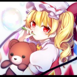 Rule 34 | 1girl, blonde hair, blowing bubbles, crystal, flandre scarlet, hair between eyes, hat, highres, holding, holding stuffed toy, iridescent, letterboxed, looking at viewer, mob cap, one side up, outer glow, red eyes, simple background, solo, stuffed animal, stuffed toy, teddy bear, touhou, white background, white hat, wings, youji (ohudousann)