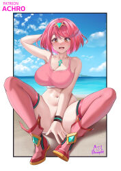 Rule 34 | 1girl, achromaru, beach, blush, bottomless, breasts, chest jewel, covering crotch, covering privates, earrings, headpiece, highres, jewelry, large breasts, looking at viewer, nude cover, ocean, pyra (xenoblade), red eyes, red hair, short hair, sitting, solo, swept bangs, tank top, thighhighs, tiara, xenoblade chronicles (series), xenoblade chronicles 2