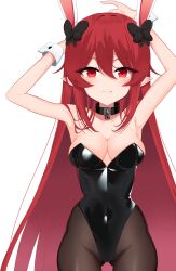 Rule 34 | 1girl, 555, absurdres, bare shoulders, collar, detached sleeves, highleg, highleg leotard, highres, leotard, long hair, no bra, original, pantyhose, playboy bunny, pointy ears, red eyes, red hair, shiny clothes, simple background, solo, very long hair, white background