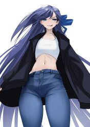 Rule 34 | 1girl, absurdres, black jacket, blue eyes, blue pants, blue ribbon, breasts, cropped shirt, denim, fate/grand order, fate (series), hair ribbon, highres, jacket, jeans, long hair, long sleeves, looking at viewer, meltryllis (fate), midriff, navel, obazzotto, open clothes, open jacket, pants, purple hair, ribbon, shirt, small breasts, smile, solo, thighs, tongue, tongue out, very long hair, white shirt