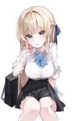 Rule 34 | 1girl, absurdres, black skirt, blonde hair, blue archive, blue bow, blue bowtie, blue eyes, blue hair, blush, bow, bowtie, braid, breasts, candy, collared shirt, e name, feet out of frame, food, highres, holding, holding candy, holding food, large breasts, long hair, looking at viewer, multicolored hair, no halo, open mouth, pleated skirt, shirt, simple background, skirt, solo, streaked hair, toki (blue archive), white background, white shirt