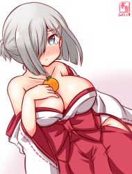 Rule 34 | 1girl, alternate costume, artist logo, blue eyes, breasts, cleavage, collarbone, commentary request, cowboy shot, dated, food, food on body, food on breasts, fruit, hair ornament, hair over one eye, hairclip, hamakaze (kancolle), hand on breasts, japanese clothes, kanon (kurogane knights), kantai collection, kimono, large breasts, mandarin orange, miko, off shoulder, one-hour drawing challenge, short hair, silver hair, simple background, solo, tears, upper body, white background