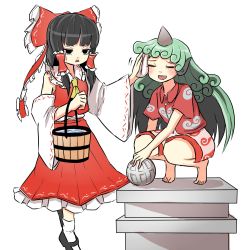 Rule 34 | 2girls, aqua hair, ascot, bare shoulders, barefoot, black eyes, black footwear, black hair, blush, bow, bucket, buttons, cloud print, commentary request, curly hair, detached sleeves, eyelashes, closed eyes, frilled bow, frilled skirt, frills, hair bow, hakurei reimu, heart, highres, horns, kariyushi shirt, komainu, komano aunn, long hair, long sleeves, mary janes, medium hair, multiple girls, one-hour drawing challenge, open mouth, peroponesosu., red bow, red shirt, red skirt, red vest, shirt, shoes, shorts, single horn, skirt, sweatdrop, tiptoes, touhou, vest, white legwear, white shorts, white sleeves, wide sleeves, yellow ascot