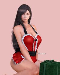 Rule 34 | 1girl, 3d, apron, arm between legs, artist name, ascot, bare legs, bare shoulders, black hair, box, breasts, christmas, christmas present, closed mouth, earrings, feet out of frame, final fantasy, final fantasy vii, final fantasy vii rebirth, final fantasy vii remake, frilled ascot, frills, gift, gift box, highres, jewelry, large breasts, lips, long hair, looking at viewer, naked apron, pink background, raidenwgt, red apron, red eyes, single earring, single sidelock, sitting, smile, solo, square enix, teardrop earring, tifa lockhart, wariza