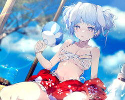 Rule 34 | 1girl, absurdres, amadeus (amadeus0903), animal ears, blue hair, blue sky, bottle, breasts, brown eyes, cleavage, cloud, collarbone, hair ornament, hand fan, highres, holding, holding fan, hololive, japanese clothes, kimono, kimono pull, long hair, looking at viewer, medium breasts, multicolored hair, navel, outdoors, parted lips, rabbit ears, rabbit girl, red kimono, sky, solo, sweat, thick eyebrows, two-tone hair, usada pekora, virtual youtuber, water bottle, white hair