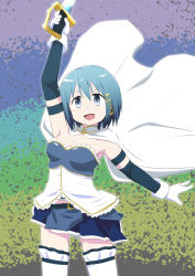 Rule 34 | 1girl, artist request, blue eyes, blue hair, cape, cutlass, fortissimo, gloves, hair ornament, hairclip, highres, magical girl, mahou shoujo madoka magica, mahou shoujo madoka magica (anime), miki sayaka, musical note, musical note hair ornament, short hair, smile, solo focus, sword, thighhighs, weapon, white gloves, white thighhighs