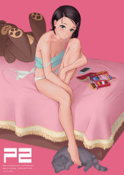 Rule 34 | 1girl, animal, bachsnov, bare shoulders, barefoot, bed sheet, bedroom, black eyes, black hair, book, bow, bow panties, bra, unworn bra, breasts, camisole, cat, cellphone, cleavage, feet, food, grey cat, hair ornament, hairclip, hands on feet, highres, indoors, iphone, knee up, looking at viewer, lying, nail polish, on stomach, open book, original, panties, pet, phone, pink background, pink bow, pink nails, pocky, short hair, sitting, small breasts, smartphone, solo, spaghetti strap, spanish text, strap slip, stuffed animal, stuffed toy, teddy bear, toenail polish, toenails, translation request, underwear, white bra