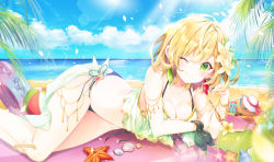 Rule 34 | 1girl, ;), bangle, beach, bikini, blonde hair, blue bikini, blue sky, blush, bracelet, breasts, charlotte (shironeko project), cleavage, closed eyes, cloud, cloudy sky, commentary request, day, feet out of frame, flower, green bikini, green eyes, hair between eyes, hair flower, hair ornament, hand up, horizon, innertube, jewelry, looking at viewer, lying, medium breasts, mismatched bikini, mocha (naturefour), ocean, on side, one eye closed, outdoors, palm tree, seashell, shell, shironeko project, sky, smile, solo, starfish, swim ring, swimsuit, tree, water, yellow flower