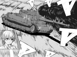 Rule 34 | 1girl, 9s0ykoyama117, absurdres, closed mouth, commentary, drifting, driving, emblem, frown, girls und panzer, greyscale, highres, initial d, leopon (animal), military, military vehicle, monochrome, motion blur, motor vehicle, nakajima (girls und panzer), road, short hair, solo, tank, tiger (p)