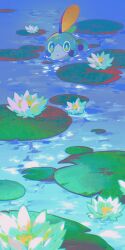 Rule 34 | absurdres, blue eyes, bright pupils, closed mouth, commentary request, creatures (company), flower, game freak, gen 8 pokemon, highres, in water, lily pad, looking at viewer, nintendo, no humans, outdoors, partially submerged, pokemon, pokemon (creature), sobble, solo, water, water lily flower, wet, white flower, white pupils, wulie errr