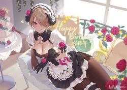 Rule 34 | :q, apron, backlighting, black gloves, blurry, blurry foreground, blush, breasts, brown pantyhose, cleavage, corrupted metadata, depth of field, dress, fiodo, flower, food on body, fork, glint, gloves, hair over one eye, hairband, happy birthday, homu (honkai impact), honkai (series), honkai impact 3rd, horns, large breasts, light brown hair, lolita hairband, lying, mole, mole under eye, pantyhose, pink eyes, rita rossweisse, rose, solo, tongue, tongue out, waist apron