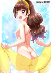 Rule 34 | 1girl, :d, amanogawa kirara, ass, back, bare back, blunt bangs, breasts, brown hair, butt crack, completely nude, cowboy shot, dated, earrings, from behind, go! princess precure, hairband, hanzou, highres, holding, holding towel, jewelry, long hair, looking at viewer, looking back, low twintails, medium breasts, nude, open mouth, precure, purple eyes, see-through, sideboob, simple background, smile, solo, sparkle, star (symbol), star earrings, towel, twintails, twitter username, y shaped butt crack, yellow hairband