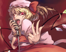 Rule 34 | 1girl, blonde hair, fangs, female focus, flandre scarlet, gradient background, hat, licking, microphone, microphone stand, mikage sekizai, mob cap, ponytail, red eyes, ribbon, short hair, solo, tongue, touhou, wings