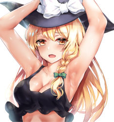 Rule 34 | 1girl, armpits, arms up, black hat, black tank top, blonde hair, bow, braid, breasts, cleavage, commentary request, green bow, hair bow, hat, kaeranu kaeru, kirisame marisa, long hair, looking at viewer, medium breasts, open mouth, simple background, single braid, solo, tank top, tears, touhou, white background, witch hat, yellow eyes