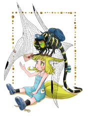 Rule 34 | :o, absurdres, animal, animal ears, animal in clothes, backpack, bag, bandaid, bandaid on wing, bare shoulders, black legwear, blonde hair, blue dress, blue footwear, bug, child, doitsuken, dragonfly, dragonfly wings, dress, fox ears, fox tail, hat, highres, holding, holding letter, insect, letter, mailman, multiple tails, original, outstretched arm, oversized animal, shoes, short hair, tail, thick eyebrows, torii, two tails, untied footwear, yellow eyes