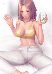 Rule 34 | bad id, bad pixiv id, bare arms, bare shoulders, beer can, bigxixi, bra, can, drink can, highres, jacket, jersey, jewelry, necklace, pants, short hair, track jacket, track suit, underwear