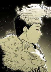 Rule 34 | 1boy, absurdres, closed mouth, coronation, crown, dated, dungeon meshi, formal, from side, glint, gradient background, highres, holding, holding crown, king, laios touden, light particles, long sleeves, looking ahead, male focus, monochrome, multicolored hair, out of frame, pelt, perle arte, profile, putting on headwear, serious, short hair, signature, solo focus, two-tone hair, upper body, yellow theme