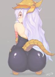 Rule 34 | 10s, 1girl, ass, bare shoulders, blush, bodysuit, dated, elbow gloves, gloves, granblue fantasy, grey background, headpiece, helmet, huge ass, kuavera, long hair, looking at viewer, looking back, medusa (shingeki no bahamut), pointy ears, red eyes, shingeki no bahamut, signature, silver hair, simple background, solo, squatting, steam, tail, wavy hair, wide hips