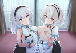 Rule 34 | 2girls, absurdres, apron, azur lane, bare shoulders, breast press, breasts, center frills, cleavage, dido (azur lane), doll, dress, earrings, frilled apron, frilled dress, frills, grey hair, highres, holding, holding doll, indoors, jewelry, large breasts, light purple hair, lius, long hair, looking at viewer, multiple girls, puffy short sleeves, puffy sleeves, purple eyes, red eyes, short hair, short sleeves, sideboob, sirius (azur lane), sleeveless, symmetrical docking, waist apron, white apron
