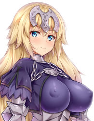 Rule 34 | 1girl, blonde hair, blue eyes, blush, braid, breasts, chain, commentary request, covered erect nipples, fate/apocrypha, fate (series), hair between eyes, headpiece, highres, jeanne d&#039;arc (fate), jeanne d&#039;arc (ruler) (fate), kuragari, large breasts, long hair, looking at viewer, no bra, simple background, smile, solo, upper body, white background