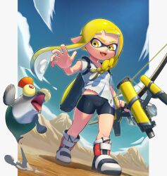 Rule 34 | 1girl, absurdres, arm up, bike shorts, black shorts, blonde hair, boots, bow (weapon), braid, cloud, domino mask, fangs, fish, full body, highres, inkling, inkling girl, inkling player character, long hair, mask, nintendo, open mouth, outdoors, phonixlight, pointy ears, shirt, short shorts, short sleeves, shorts, sky, smallfry (splatoon), smile, splatoon (series), splatoon 3, suction cups, tentacle hair, thighs, tri-stringer (splatoon), weapon, white footwear, white shirt, yellow eyes