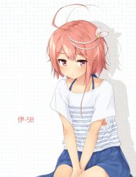 Rule 34 | 1girl, ahoge, between legs, blue skirt, bra strap, casual, character name, grid background, hair ornament, hand between legs, highres, i-58 (kancolle), kantai collection, pink eyes, pink hair, shadow, shirt, short sleeves, sideways glance, sitting, skirt, solo, striped clothes, striped shirt, suke (momijigari), swimsuit, swimsuit under clothes, white shirt