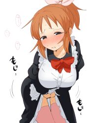 Rule 34 | abe nana, absurdres, apron, blush, bow, breasts, frown, highres, idolmaster, idolmaster cinderella girls, large breasts, leaning forward, looking at viewer, maid, maid apron, maid headdress, orange hair, patekuraa (user wgfh4424), ponytail, red bow, shaking, simple background, sweat, thighhighs, white background