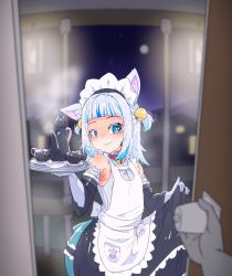 Rule 34 | 1girl, alternate costume, apron, blue eyes, blue hair, city lights, detached sleeves, door, doorway, dress, enmaided, fins, fish tail, frills, gawr gura, highres, hololive, hololive english, maid, maid apron, maid headdress, moral cacoethes, multicolored hair, pov doorway, shark tail, streaked hair, tail, teapot, tray, virtual youtuber