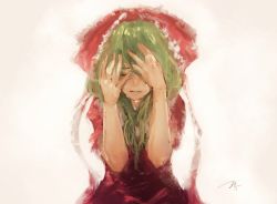 Rule 34 | 1girl, bow, crying, dress, closed eyes, green hair, hair bow, hands in hair, hands on own face, highres, kagiyama hina, kouzuki kei, parted lips, red bow, red dress, signature, simple background, solo, tears, touhou, white background
