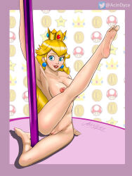 Rule 34 | 1girl, acindyce, arm support, arm up, armpits, artist name, blonde hair, blue eyes, blush, breasts, cleft of venus, coin, crown (symbol), feet, highres, large breasts, leg lift, lipstick, long hair, makeup, mario (series), nail polish, nintendo, nipples, nude, parted lips, pink nails, pole dancing, princess, princess peach, pussy, red lips, smile, solo, super star (mario), super mario bros. 1, super mushroom, toenail polish, toenails
