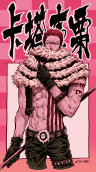 Rule 34 | 1boy, abs, arm tattoo, artist name, black gloves, bracelet, caine666, charlotte katakuri, chest tattoo, covered mouth, gloves, holding, holding polearm, holding weapon, jacket, jewelry, male focus, one piece, open clothes, open jacket, polearm, red eyes, red hair, scarf, scarf over mouth, short hair, sleeveless, sleeveless jacket, solo, spiked bracelet, spikes, tattoo, third-party source, translation request, weapon