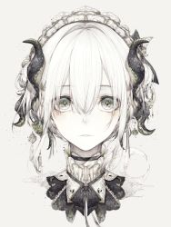Rule 34 | 1girl, absurdres, black choker, black ribbon, choker, ears visible through hair, expressionless, eyes visible through hair, grey eyes, hair between eyes, highres, hito komoru, looking at viewer, maid headdress, neck ribbon, original, parted lips, pointy ears, portrait, revision, ribbon, short hair, simple background, solo, white hair