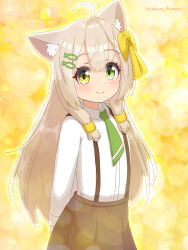 Rule 34 | 1girl, absurdres, ahoge, animal ear fluff, animal ears, arms behind back, artist name, blush, bow, brown hair, brown skirt, cat ears, cat girl, closed mouth, collared shirt, female focus, fish hair ornament, flat chest, green eyes, green necktie, hair bow, hair ornament, hairclip, happy, hazakura hinata, heterochromia, highres, long hair, long sleeves, looking at viewer, necktie, orange background, original, pleated skirt, school uniform, shirt, shirt tucked in, sidelocks, signature, skirt, smile, solo, split mouth, standing, suspender skirt, suspenders, white shirt, yellow bow, yellow eyes