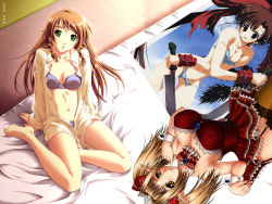 Rule 34 | 2girls, artist request, bed, bikini, blonde hair, blouse, bottomless, breasts, character request, cleavage, cuffs, dress, green eyes, knife, large breasts, long hair, multiple girls, open clothes, open shirt, orange hair, pantyhose, pointy ears, poster (medium), shirt, source request, swimsuit, sword, third-party edit, torn clothes, twintails, underwear, weapon, yellow eyes