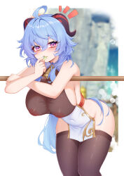 Rule 34 | 1girl, absurdres, ahoge, bare shoulders, bell, bent over, black thighhighs, blue hair, blush, breasts, cleavage, covered erect nipples, covered navel, food in mouth, ganyu (genshin impact), genshin impact, highres, inverted nipples, large breasts, leaning forward, long hair, looking at viewer, mengxin huazha, neck bell, nipples, notice lines, purple eyes, see-through, sideboob, sidelocks, solo, thighhighs, thighs