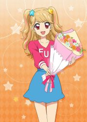 Rule 34 | 1girl, aikatsu!, aikatsu! (series), aikatsu! photo on stage!!, blonde hair, blue skirt, bouquet, bow, flower, hair ornament, hairclip, heart, heart hair ornament, highres, holding, multicolored hair, natsuki mikuru, open mouth, orange background, pink bow, pink eyes, pink shirt, shirt, skirt, smile, solo, star (symbol), star hair ornament, starry background, streaked hair, twintails, two side up