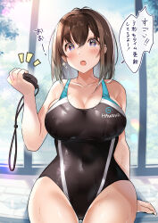 Rule 34 | 1girl, :o, arm support, black one-piece swimsuit, blush, breasts, cleavage, collarbone, commentary request, competition swimsuit, covered navel, day, hair between eyes, hawawa-chan (shiro kuma shake), highres, holding, holding stopwatch, large breasts, long hair, one-piece swimsuit, open mouth, original, poolside, purple eyes, shiro kuma shake, sitting, solo, star-shaped pupils, star (symbol), stopwatch, swimsuit, symbol-shaped pupils, translated, tree, watch, wide hips, window