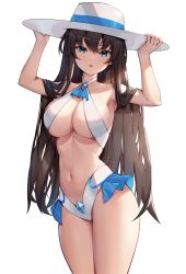 Rule 34 | 1girl, :o, armpits, bare shoulders, bikini, blue eyes, blush, breasts, brown hair, collarbone, criss-cross halter, eol 9, frills, hair between eyes, halterneck, hands on headwear, hat, highres, large breasts, long hair, looking at viewer, navel, original, sidelocks, simple background, solo, stomach, sun hat, swimsuit, thighs, very long hair, white background