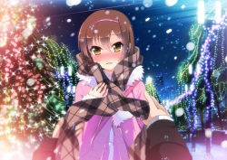 Rule 34 | 10s, 1girl, aoyama nanami, blurry, blush, bokeh, brown hair, building, christmas, christmas lights, depth of field, diffraction spikes, eyes visible through hair, fur trim, hair between eyes, hairband, highres, long sleeves, looking at viewer, night, nose blush, open mouth, outdoors, pink hairband, plaid, plaid scarf, pov, pov hands, sakura-sou no pet na kanojo, scarf, skyscraper, smile, snow, solo focus, uiu, winter, winter clothes, yellow eyes