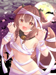 Rule 34 | 1girl, :d, absurdres, animal ears, bandaged arm, bandages, bare shoulders, bat (animal), black hairband, blurry, blurry background, blush, braid, breasts, brown hair, claw pose, cleavage, commentary request, depth of field, dog ears, dog girl, fake horns, fang, fingernails, full moon, hairband, halloween, hands up, highres, hololive, horns, inugami korone, kanti15, long fingernails, long hair, looking at viewer, medium breasts, moon, nail art, nail polish, naked bandage, night, open mouth, orange eyes, outdoors, pumpkin, scar, skin fang, smile, solo, twin braids, upper body, v-shaped eyebrows, virtual youtuber