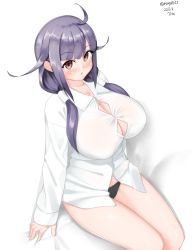 Rule 34 | 1girl, absurdres, ahoge, black panties, breasts, bursting breasts, collared shirt, cowboy shot, dated, dress shirt, hair flaps, highres, kantai collection, large breasts, long sleeves, low twintails, maru (marg0613), panties, purple hair, red eyes, shirt, simple background, sitting, solo, taigei (kancolle), twintails, twitter username, underwear, white background, white shirt