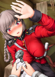 Rule 34 | 1girl, aiming, aiming at viewer, belt, belt pouch, between breasts, blush, bol (liliymimi), braid, braided hair rings, breasts, dutch angle, embarrassed, empty eyes, epaulettes, eyebrows, eyelashes, fate/grand order, fate (series), finger on trigger, fingernails, florence nightingale (fate), gloves, unworn gloves, grey eyes, gun, hair rings, highres, holding, holding clothes, holding gloves, holding gun, holding weapon, indoors, large breasts, long fingernails, long hair, long sleeves, looking at hand, looking down, mandarin collar, military, military uniform, open mouth, palms, pantyhose, pocket, pouch, pov, pov hands, red eyes, single braid, single glove, skirt, solo focus, string, towel, uniform, weapon, white gloves, white pantyhose