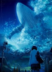 Rule 34 | 1girl, bag, blue theme, chocoshi, cloud, commentary, highres, original, outdoors, people, power lines, scenery, shirt, short hair, skirt, sky, surreal, town, utility pole, whale, white shirt, wide shot
