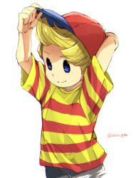 Rule 34 | 1boy, adjusting clothes, adjusting headwear, arm behind head, arms up, artist name, baseball cap, blonde hair, blue eyes, closed mouth, commentary request, hat, looking at viewer, lucas (mother 3), male focus, mimxxpk, mother (game), mother 3, multicolored clothes, nintendo, quiff, red hat, red shirt, shirt, short hair, short sleeves, simple background, smile, solo, striped clothes, striped shirt, t-shirt, twitter username, two-tone shirt, white background, yellow shirt