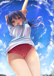 Rule 34 | 1girl, :d, absurdres, arm behind head, arms up, blue sky, breasts, buruma, cameltoe, commentary request, day, fisheye, from below, gym shirt, hand on own arm, highres, large breasts, looking at viewer, looking down, natsushima memo, open mouth, original, outdoors, pink eyes, ponytail, purple hair, red buruma, shirt, sky, smile, solo, thighs, translation request, underboob, white shirt