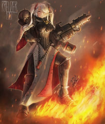 Rule 34 | 1girl, absurdres, adepta sororitas, ahoge, armor, azur lane, burning, commentary, commission, crossover, english commentary, fire, flamethrower, full body, grin, highres, kreuzer 00, looking at viewer, medium hair, pelvic curtain, power armor, prinz eugen (azur lane), silver hair, smile, solo, standing, swept bangs, twintails, warhammer 40k, weapon, yellow eyes